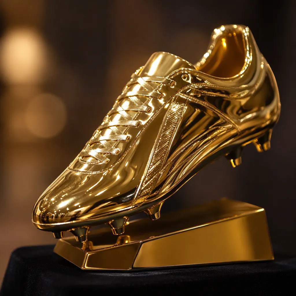 Close-up shot of a polished golden football boot trophy placed on a dark fabric