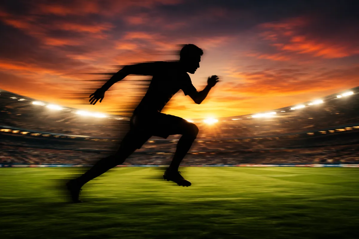 Silhouette of a fast-running soccer player on a green World Cup stadium pitch at sunset, b