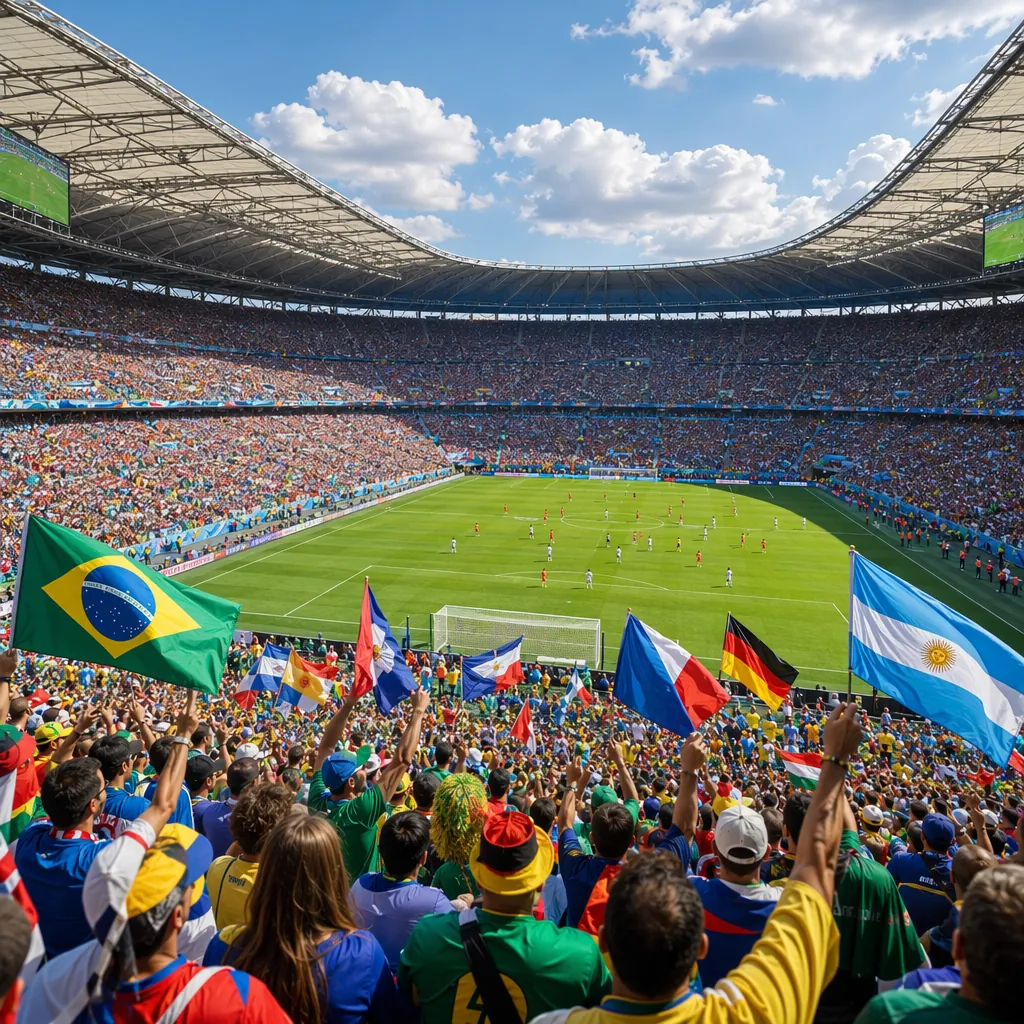 Wide shot of a World Cup stadium filled with cheering fans, colorful team flags