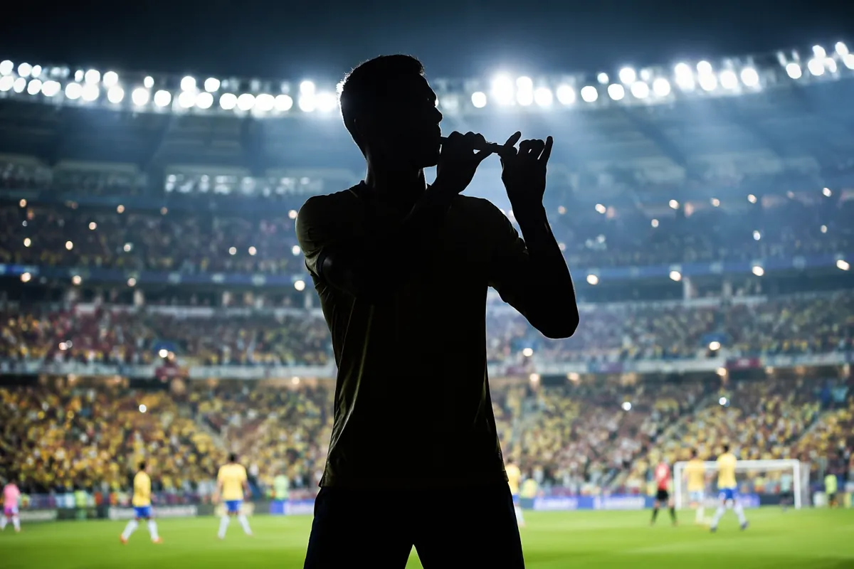 Vibrant football match celebration scene, blurred silhouette of a player making a flute pl