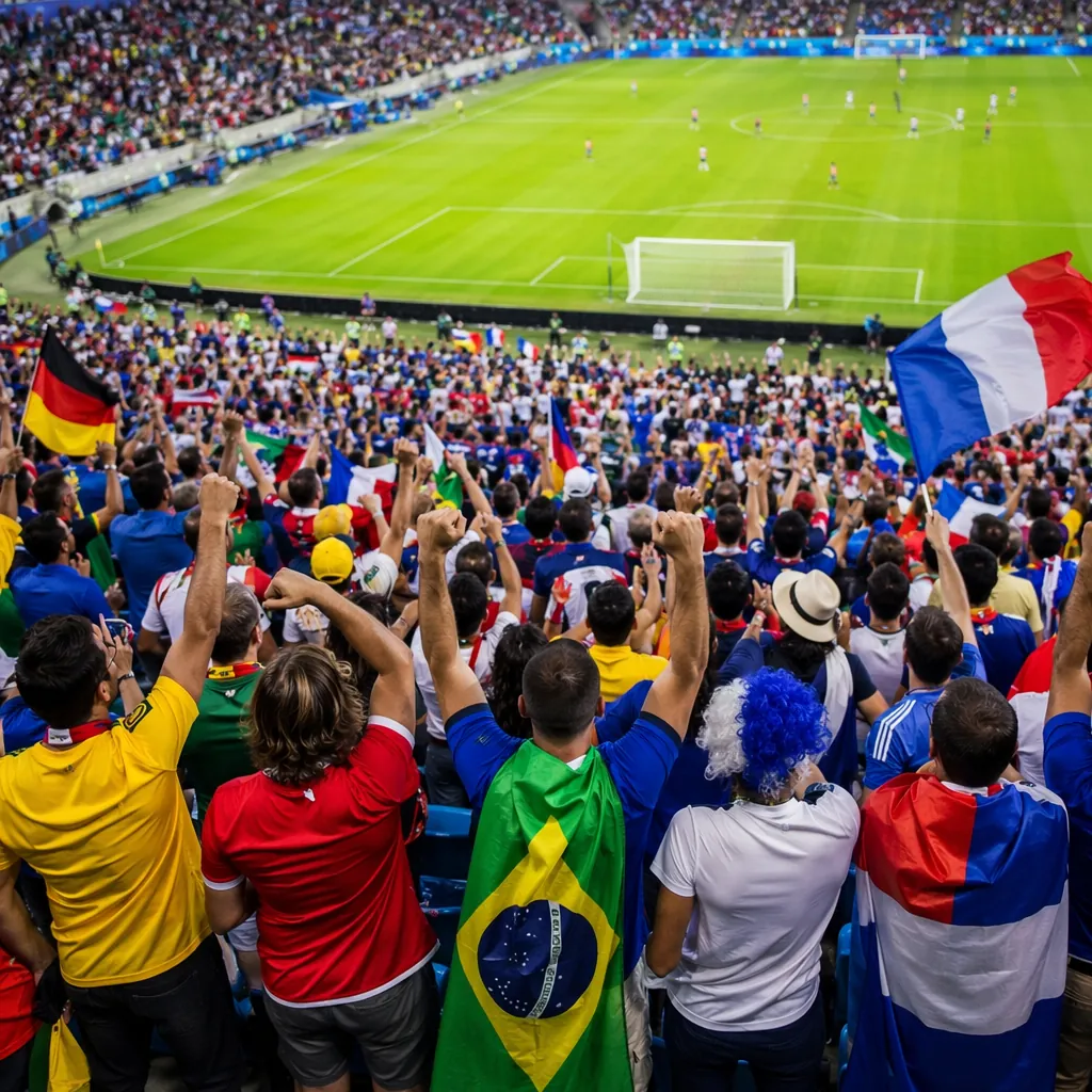 Wide shot of diverse football fans wearing colorful jerseys cheering in stadium