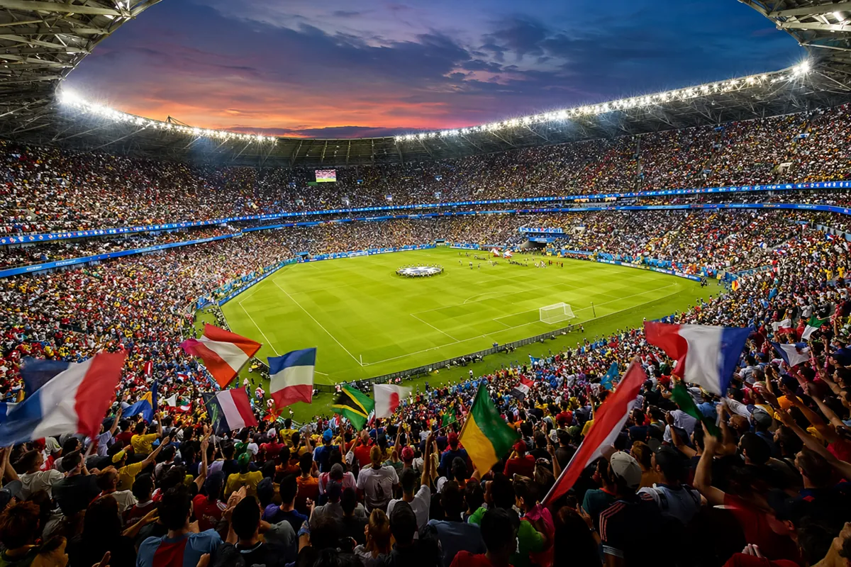 Wide shot of a packed world cup football stadium at dusk, bright floodlights illuminating