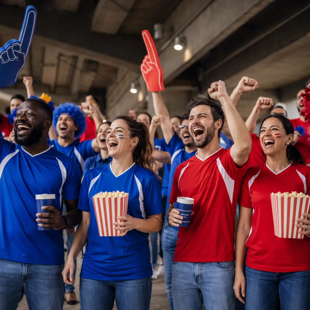 Wide shot of football fans wearing generic plain national team jerseys cheering