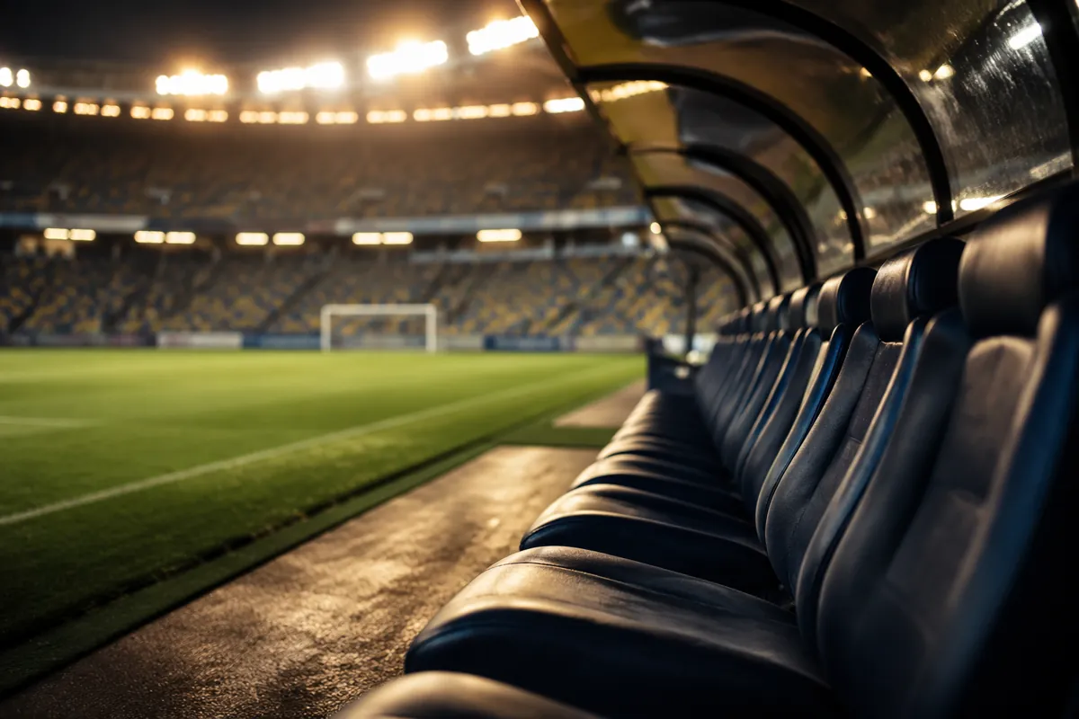 Professional sports news header image, blurred football stadium background with warm stadi