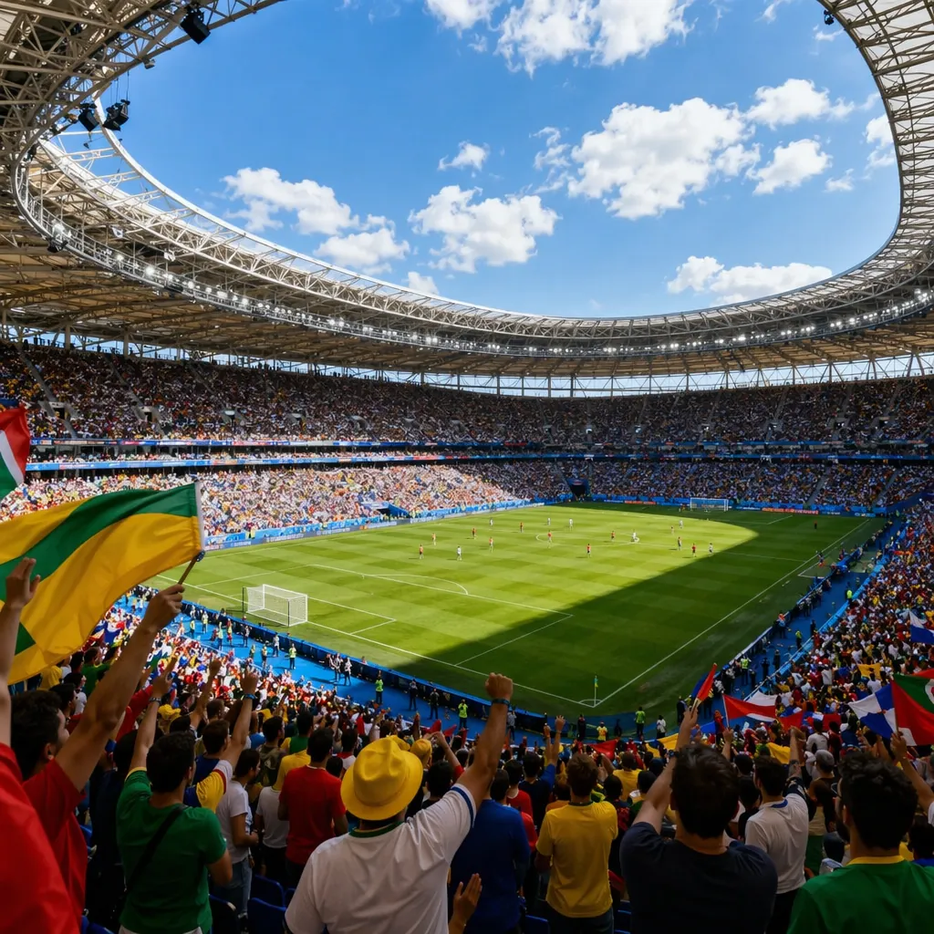 Wide shot of a modern football stadium during a match, cheering fans in the stan