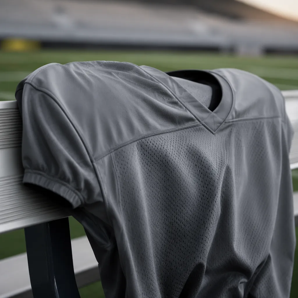 Close up of a generic football jersey hanging on a bench, blurred background of