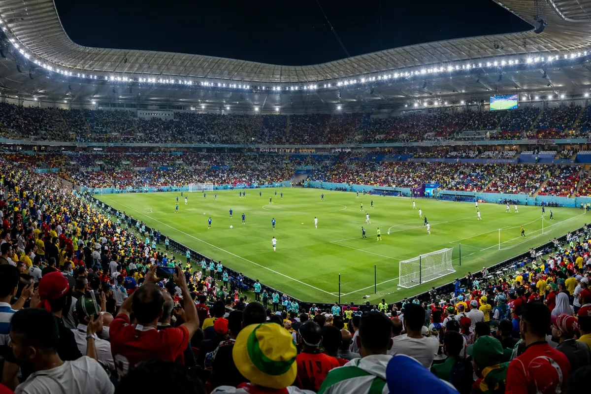 Wide shot of a packed football stadium during a World Cup warm up match, vibrant crowd in
