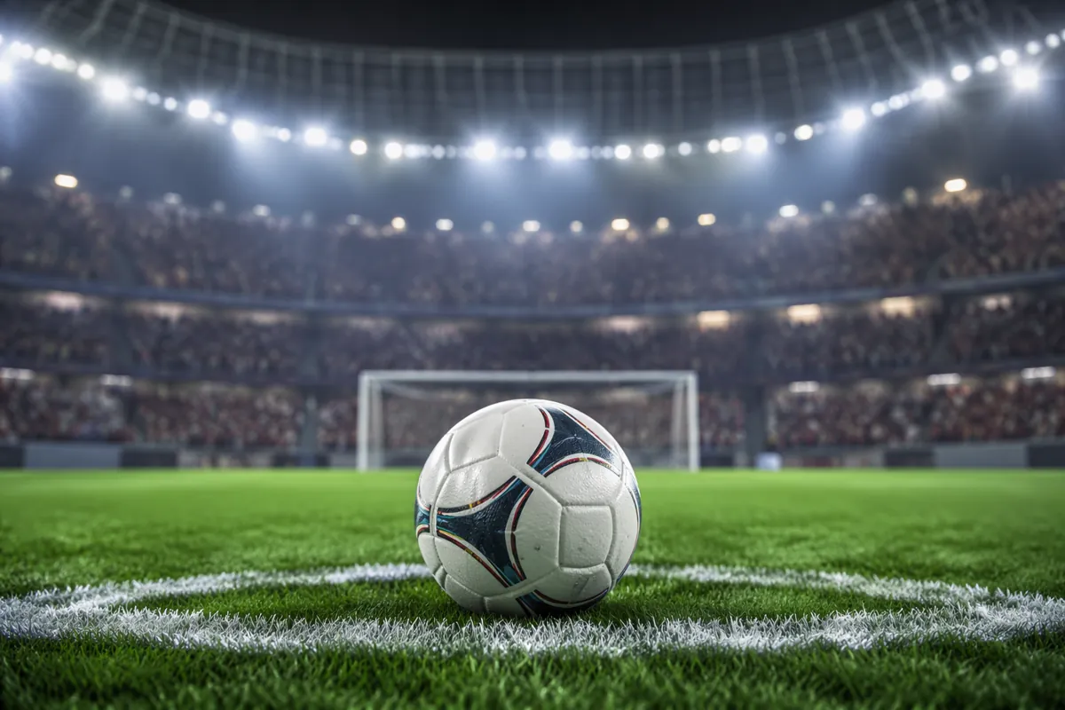 Professional sports news header image, close-up of a football on the penalty spot in a mod