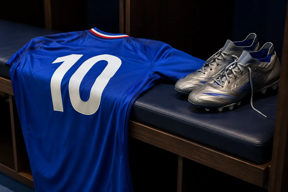 Close-up shot of a blue national team football jersey with number 10 on the back, placed o