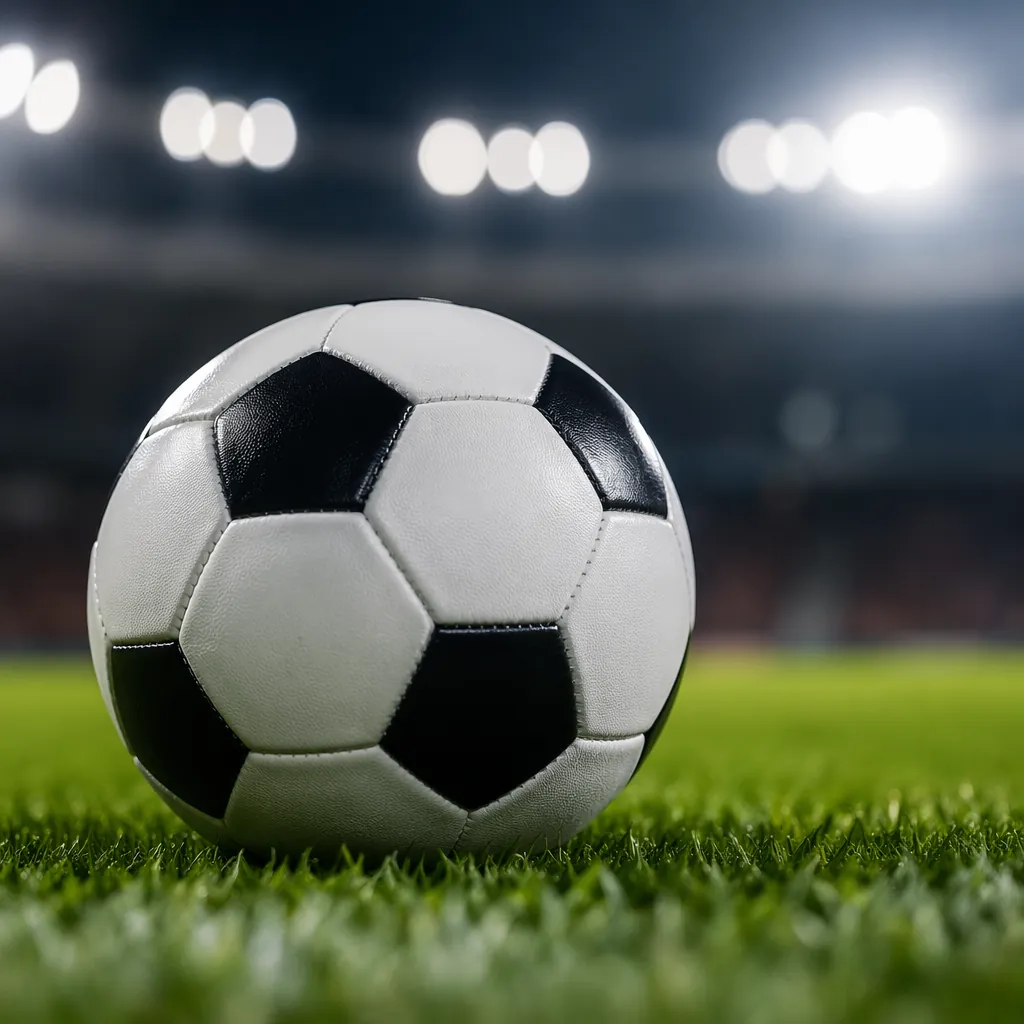 Close-up of a standard white and black football on green grass pitch, blurred st