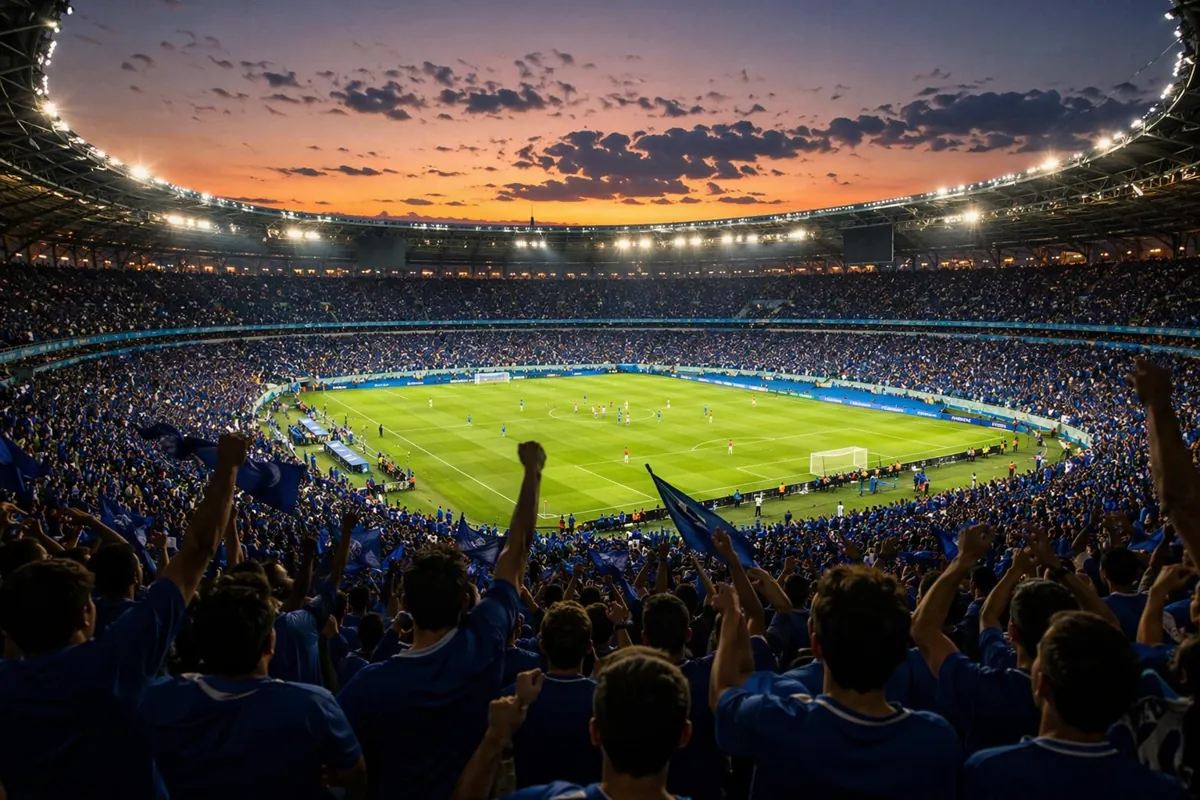 Wide shot of a packed World Cup football stadium at dusk, bright floodlights illuminating