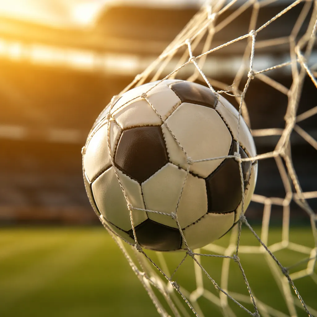 Close up shot of a football flying into the back of the net, blurred stadium bac