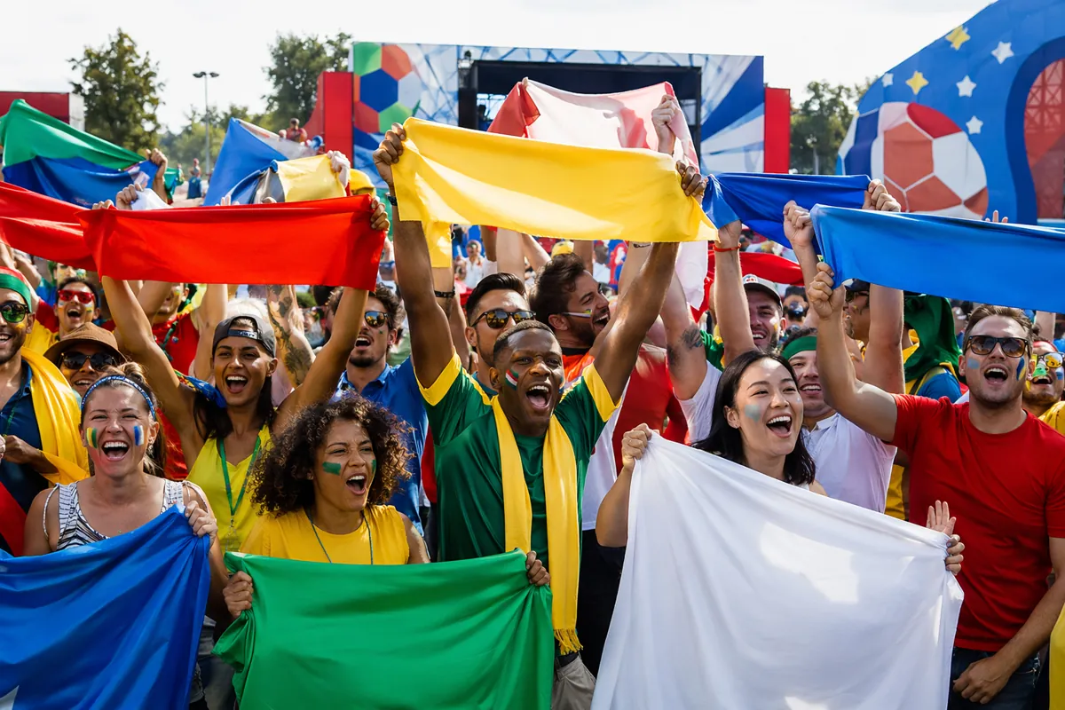 Wide shot of a vibrant World Cup fan zone with diverse football fans holding colorful plai