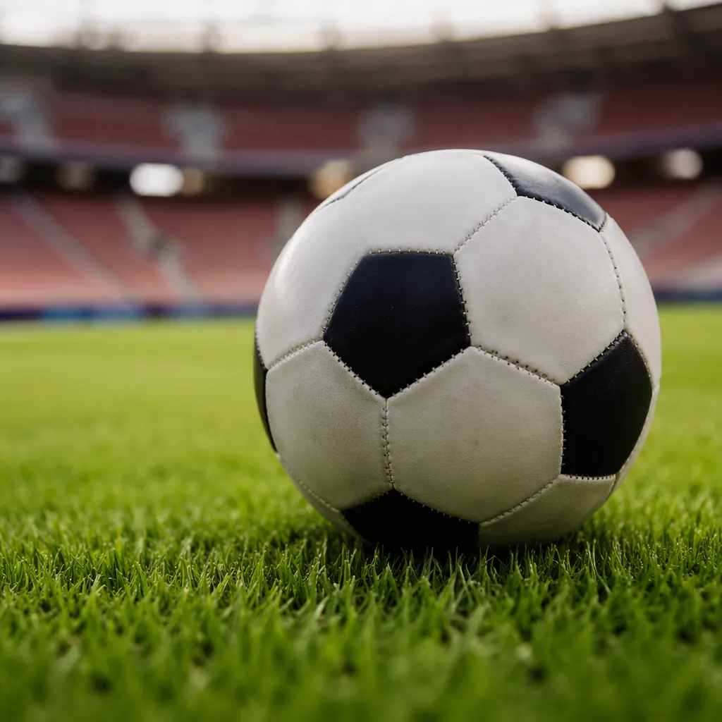 Close up shot of a traditional football resting on well-maintained green grass,