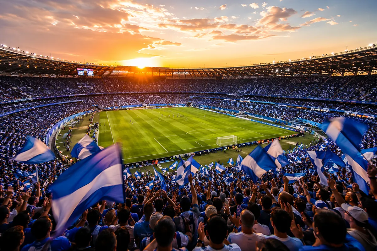 Wide shot of a packed FIFA World Cup stadium during golden hour, fans waving blue and whit