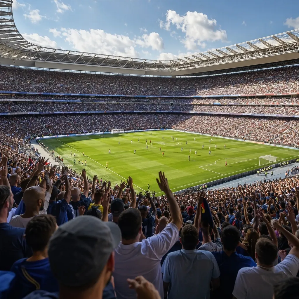 Wide shot of packed soccer stadium with cheering fans, sunny daytime, vibrant ga