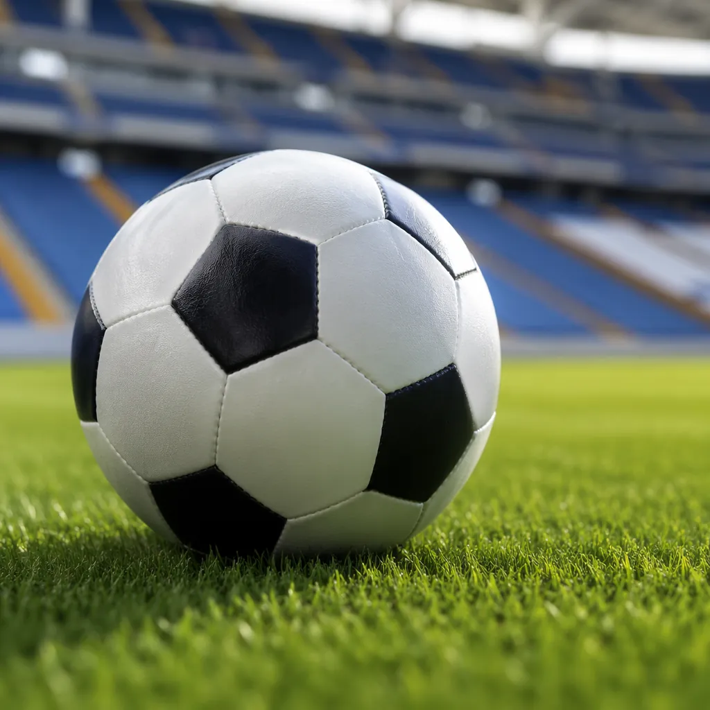 Close up shot of soccer ball resting on neatly cut green grass, blurred stadium