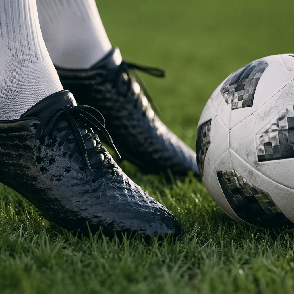 Close up shot of football boots and a match ball on green grass, soft natural li