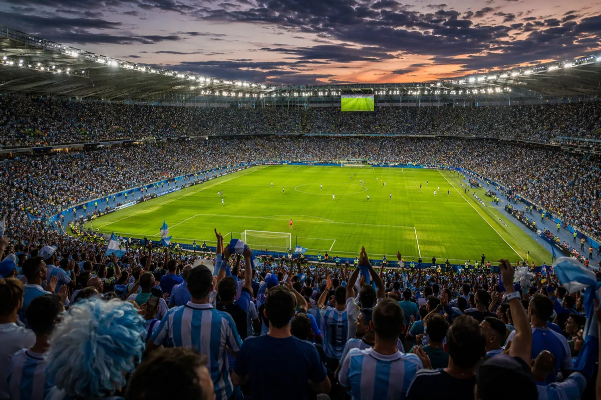 Wide shot of a packed World Cup football stadium at dusk, bright green pitch, golden flood