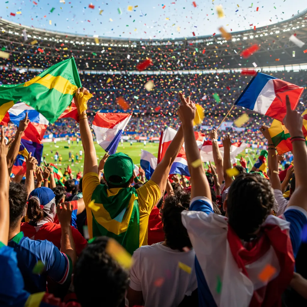 Wide shot of World Cup fans celebrating in the stands, waving national flags, co