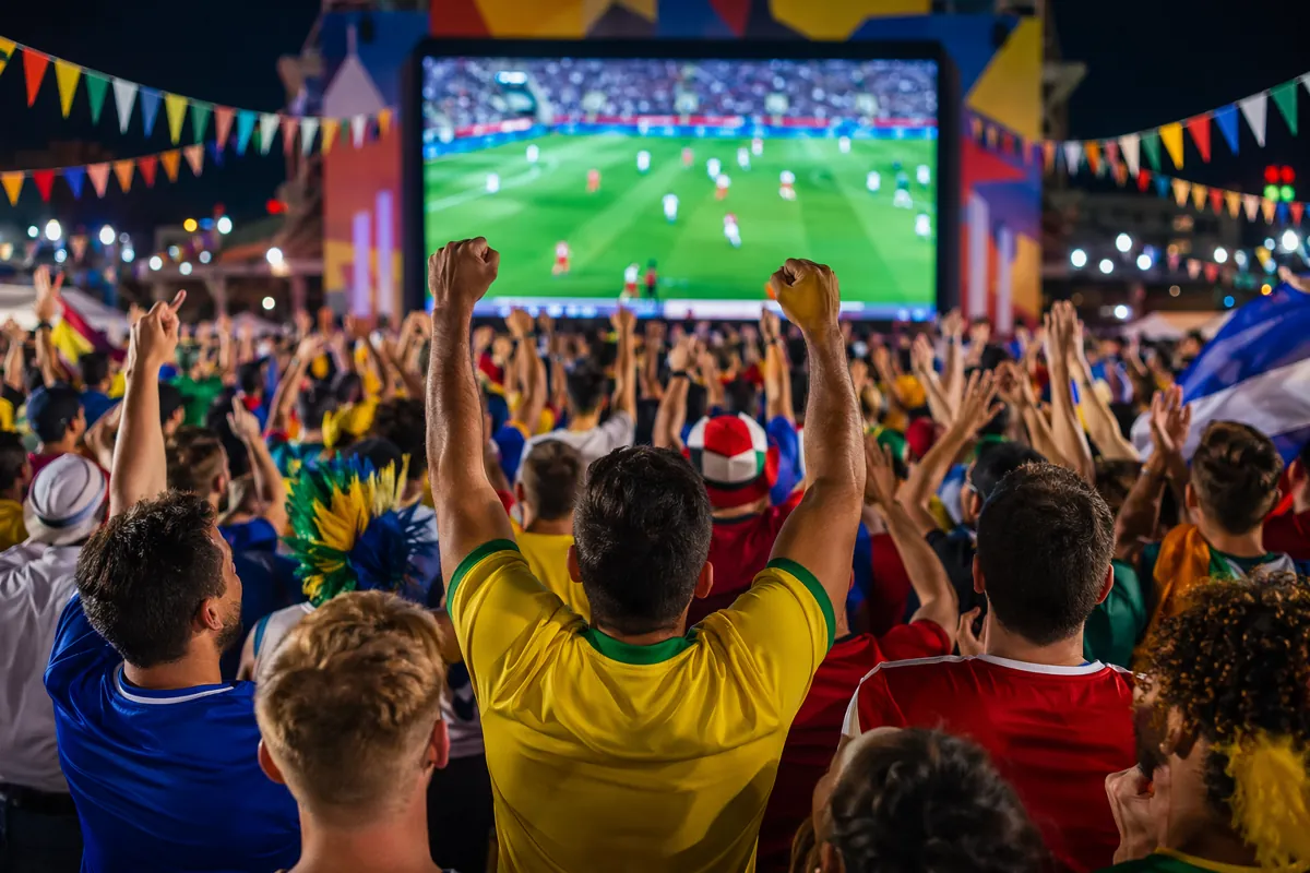 Vibrant wide shot of World Cup viewing atmosphere, crowded fan zone with cheering supporte