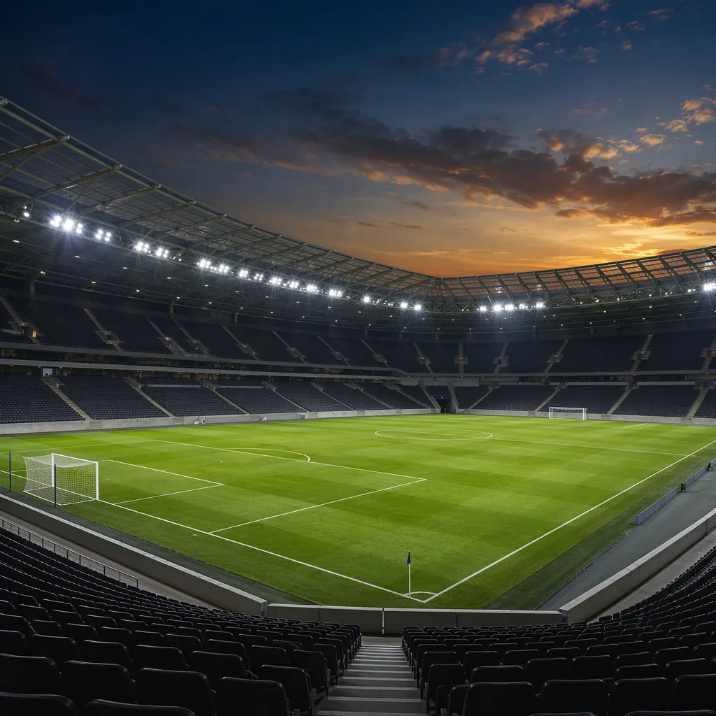 Wide shot of empty modern football stadium at dusk, bright floodlights on, green