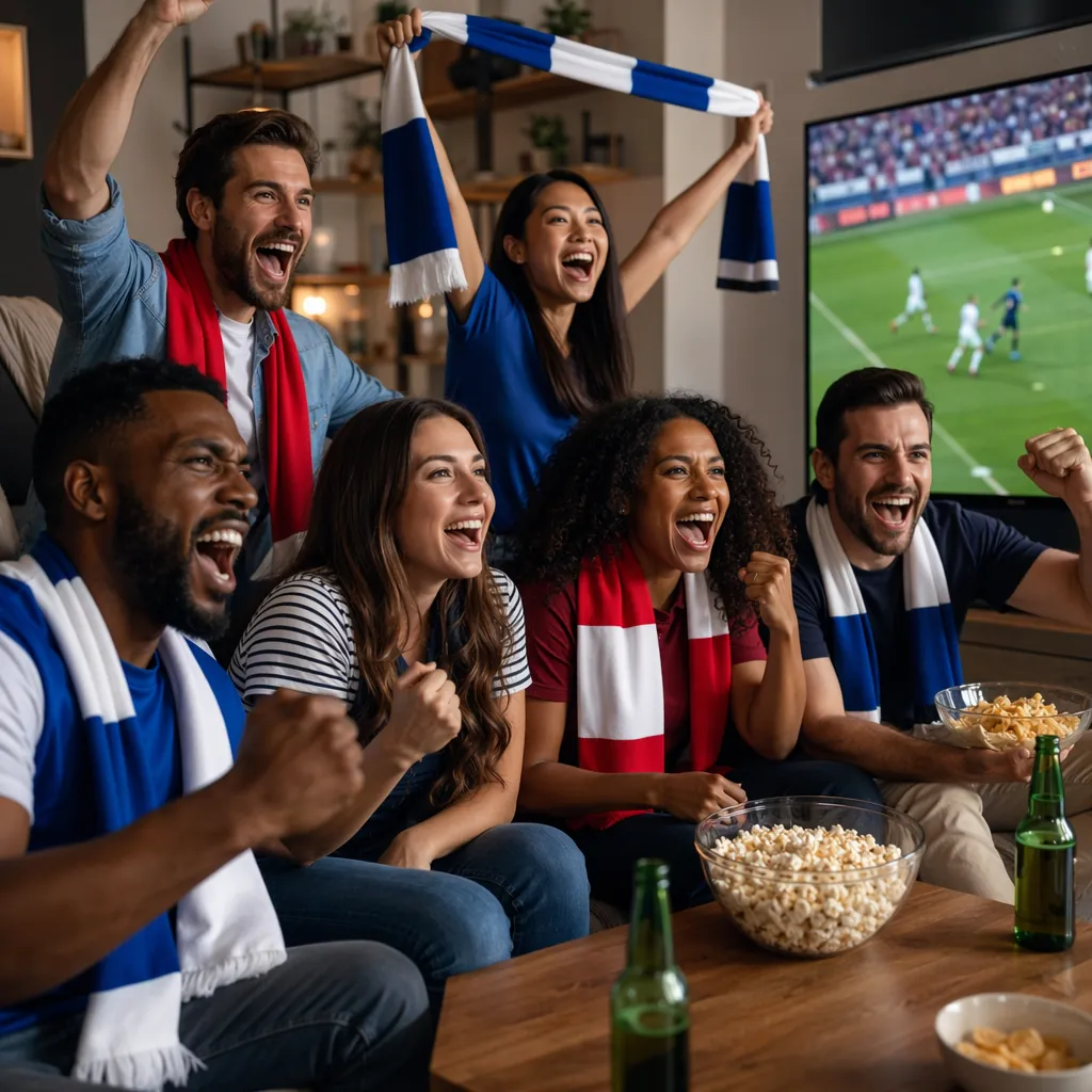Group of diverse football fans cheering together in a living room, holding gener