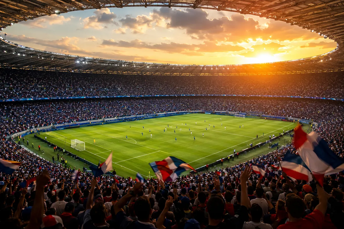 Wide shot of a packed World Cup stadium at dusk, golden sunlight hitting the green pitch,