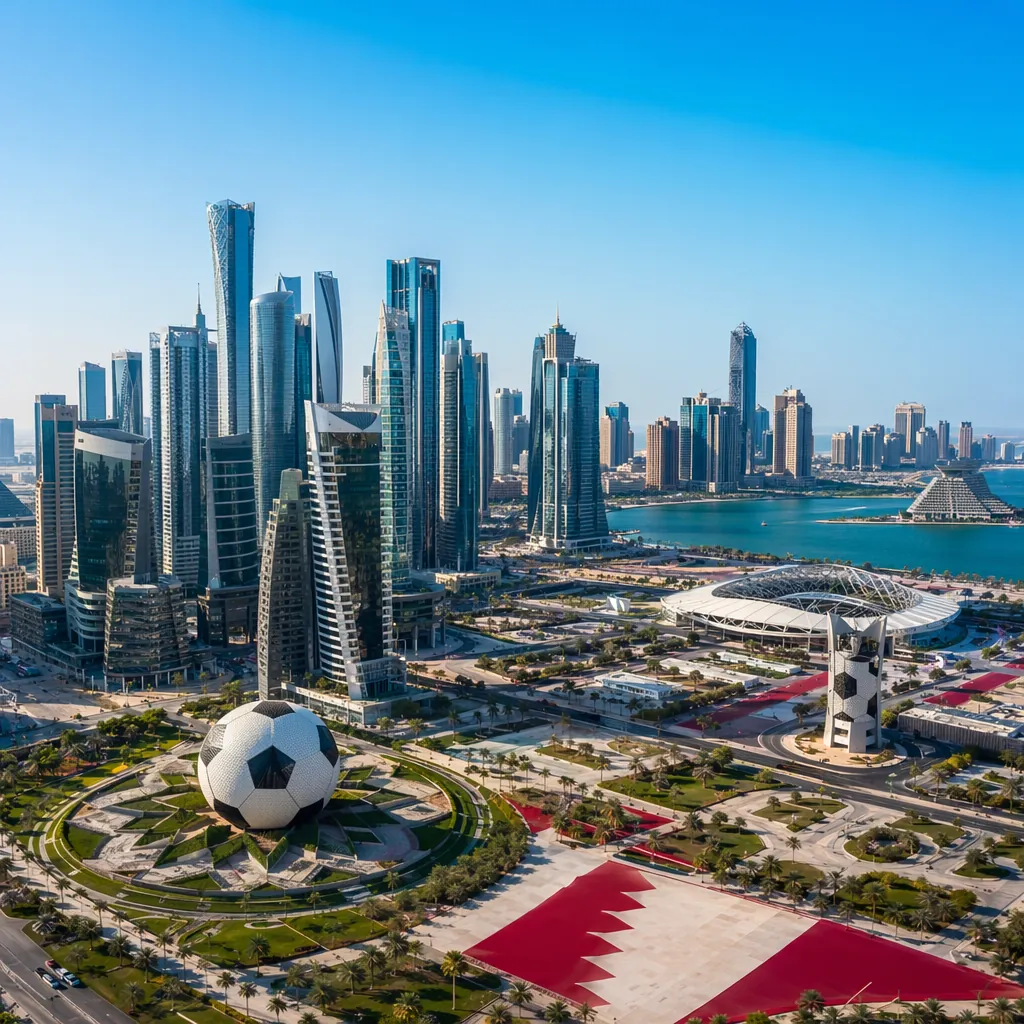 Aerial shot of a modern World Cup host city downtown with football themed decora