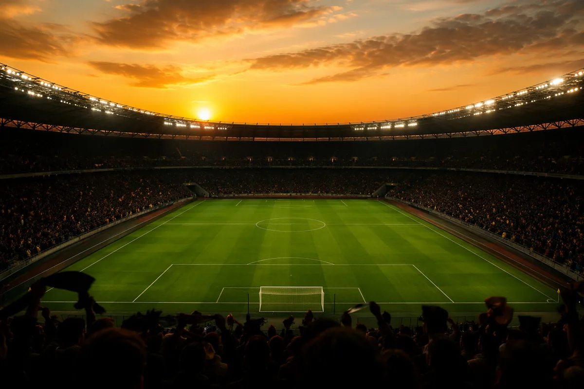 Wide shot of a professional soccer stadium at dusk, empty green pitch in the center, blurr