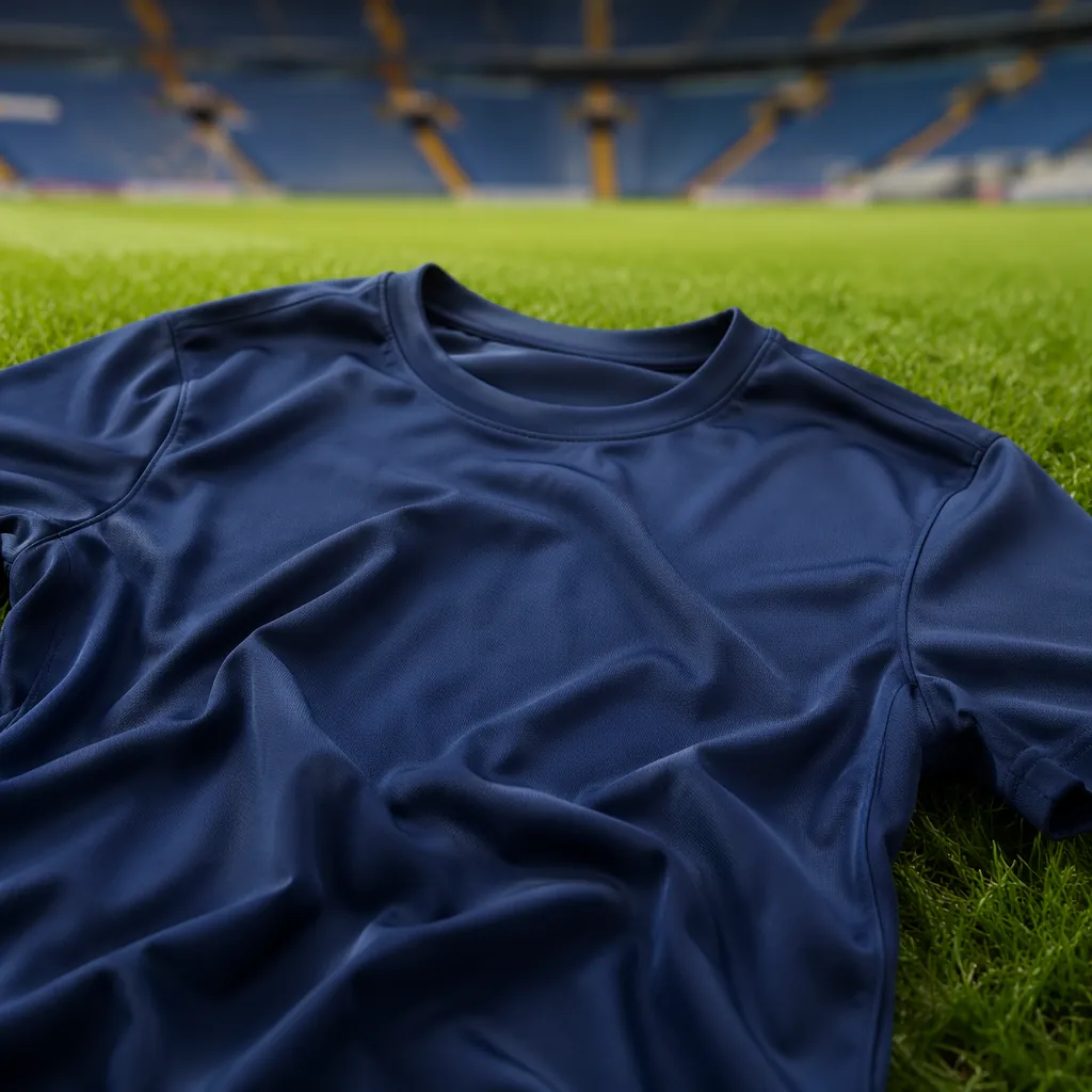 Close up of a plain soccer jersey laid out on green grass, soft natural light, n