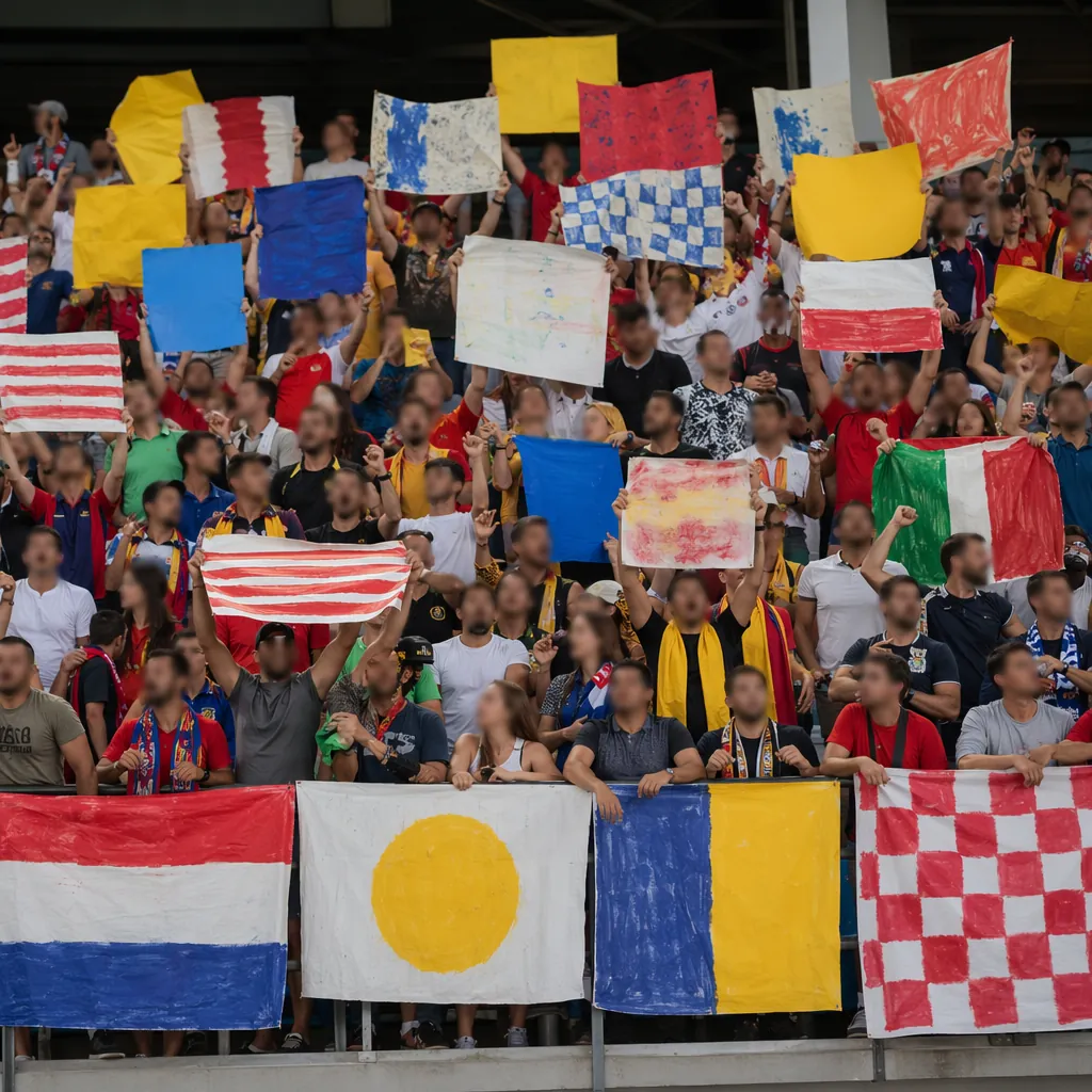 Wide shot of soccer fans holding up colorful hand-made banners in stadium stands