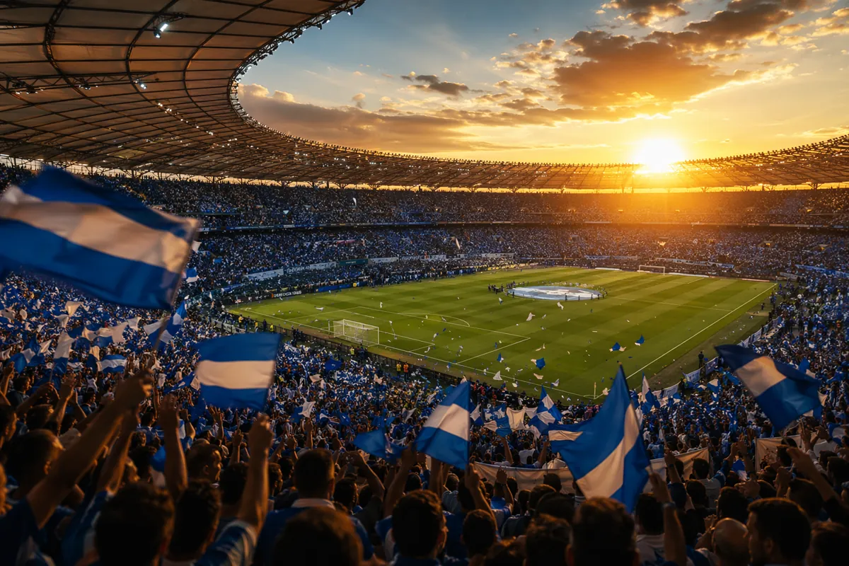 Wide shot of a packed football stadium during golden hour, blue and white team flags wavin