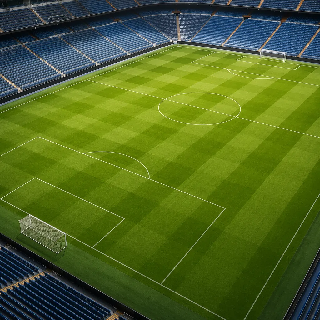 High angle shot of a pristine professional football pitch with empty seats in th