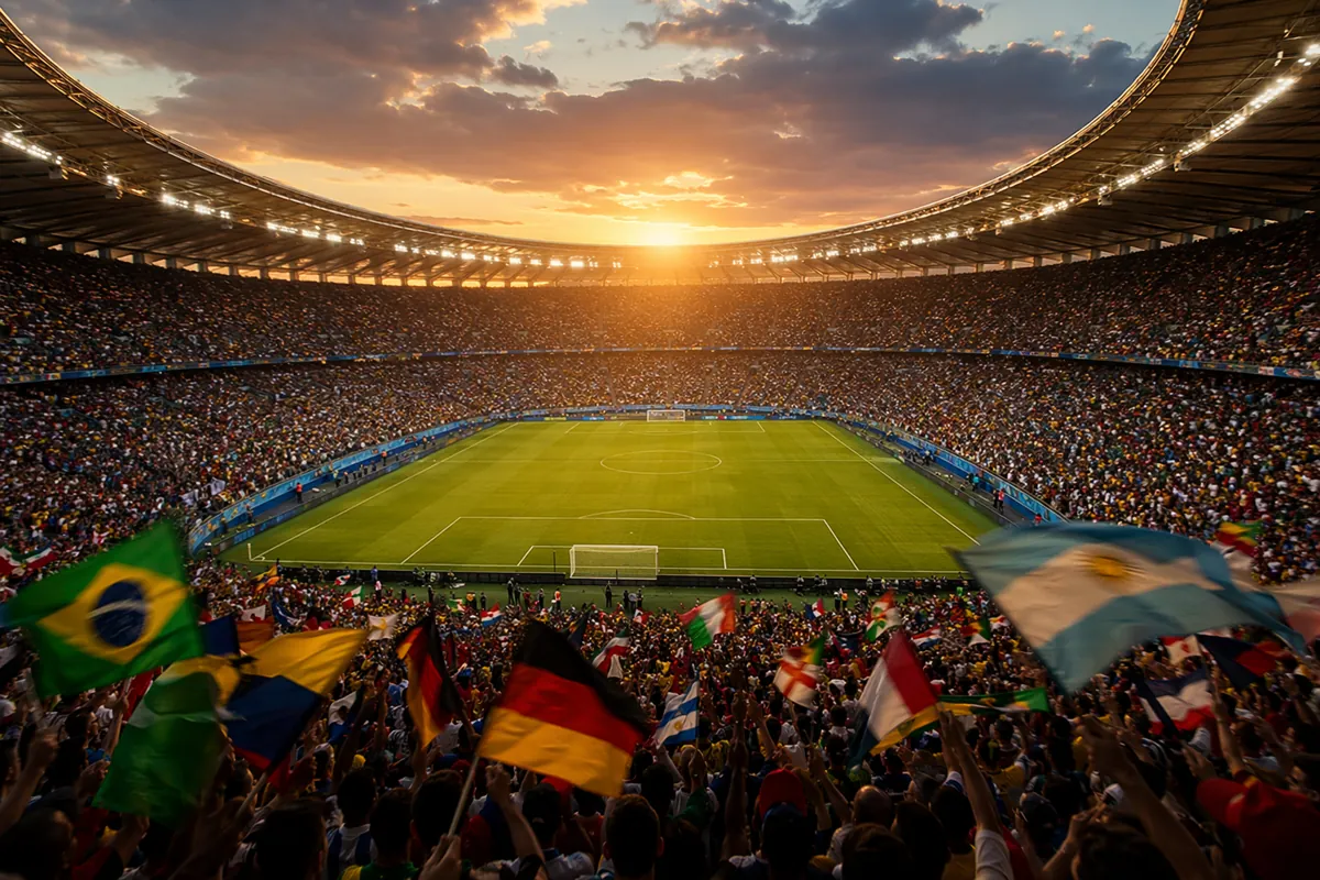 Wide shot of a packed FIFA World Cup stadium at dusk, golden light shining on the green pi