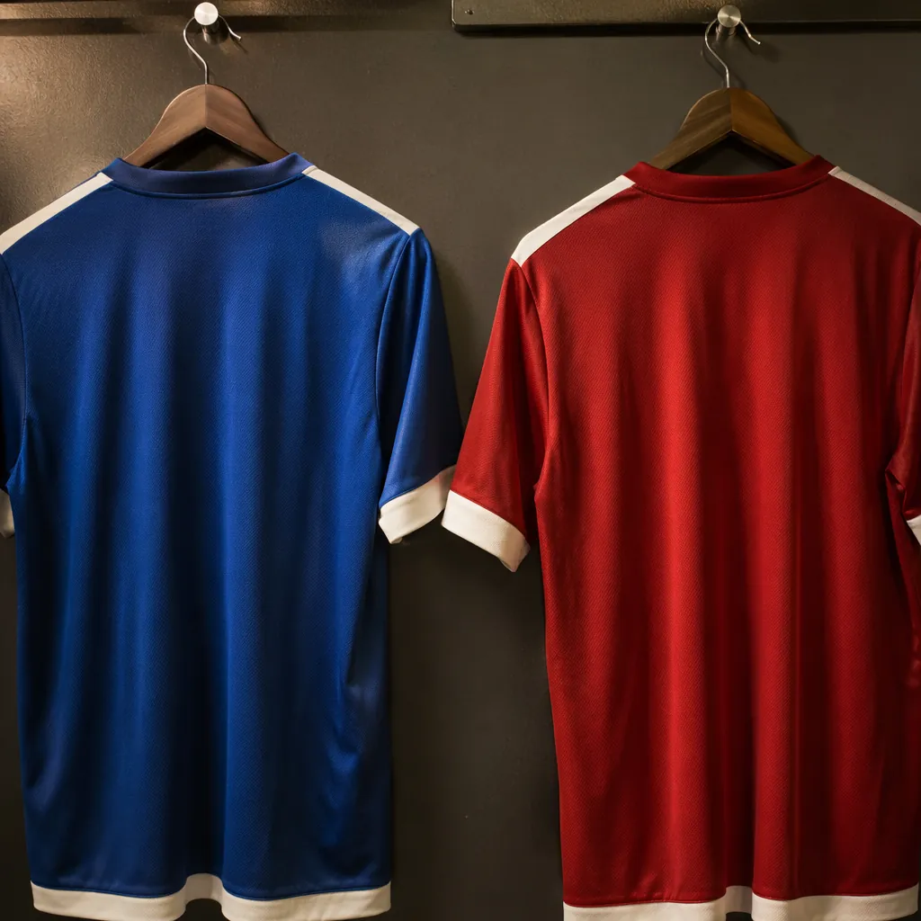 Close-up of two generic football jerseys hanging side by side on a locker room w