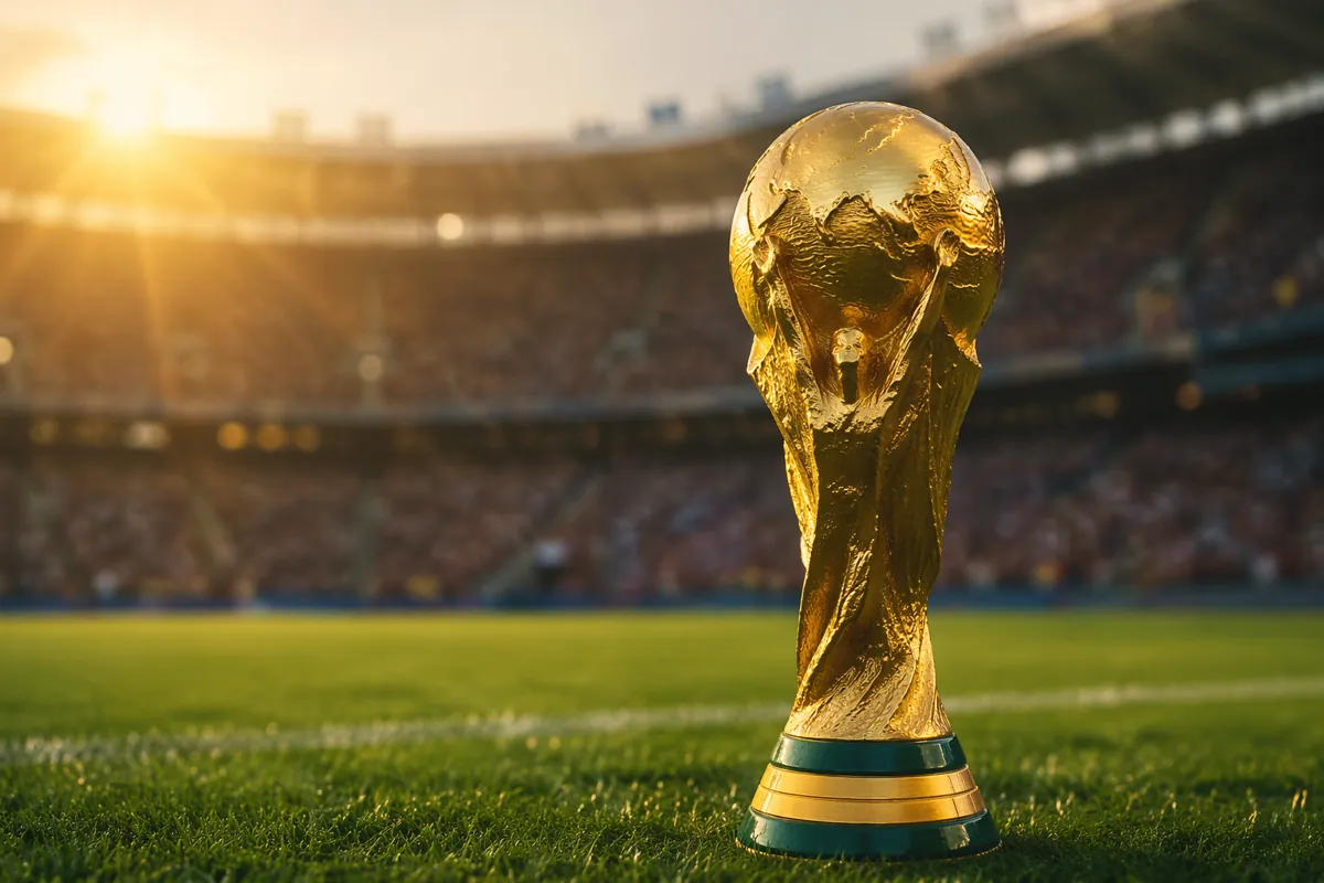 Close-up of a golden World Cup trophy placed on a pristine green football field, with blur