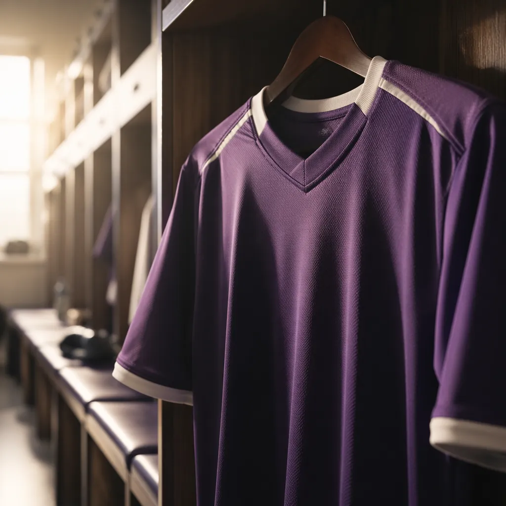 Close-up of a plain professional football jersey hanging in a sunlit locker room