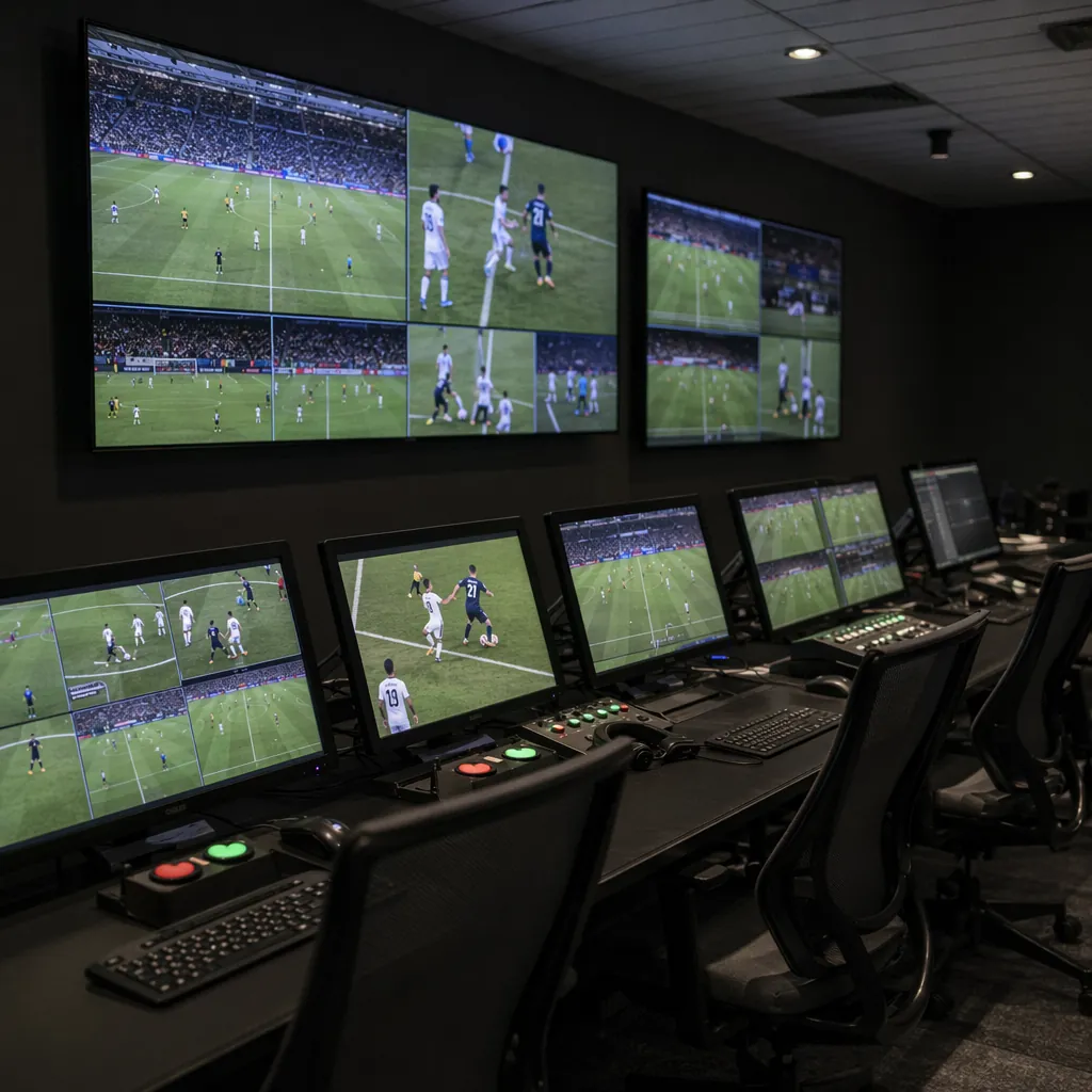 Wide shot of a football VAR review room with multiple screens showing match foot