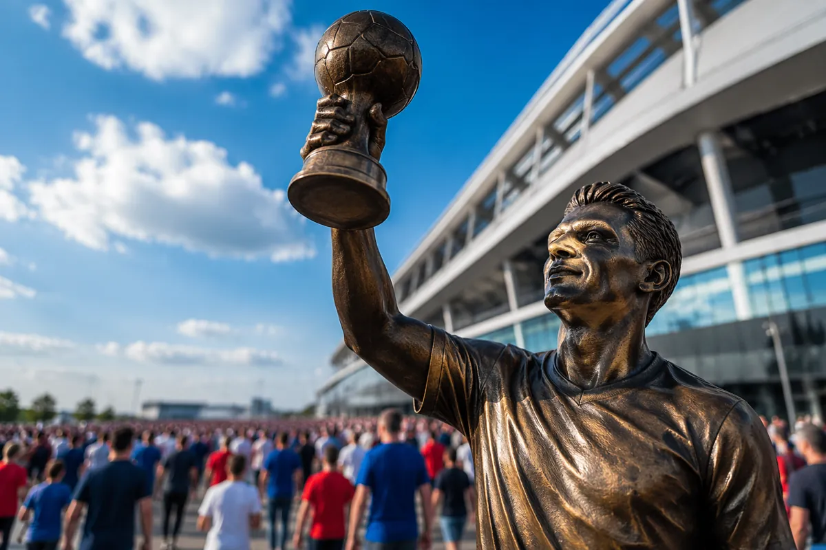 Bronze statue of a football player holding a trophy outside a modern football stadium, sun