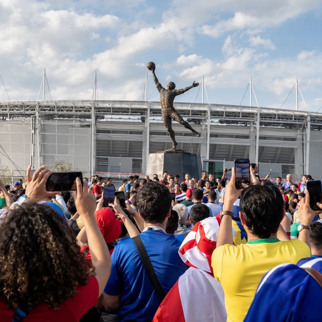 Crowd of football fans taking photos in front of a generic statue outside a stad
