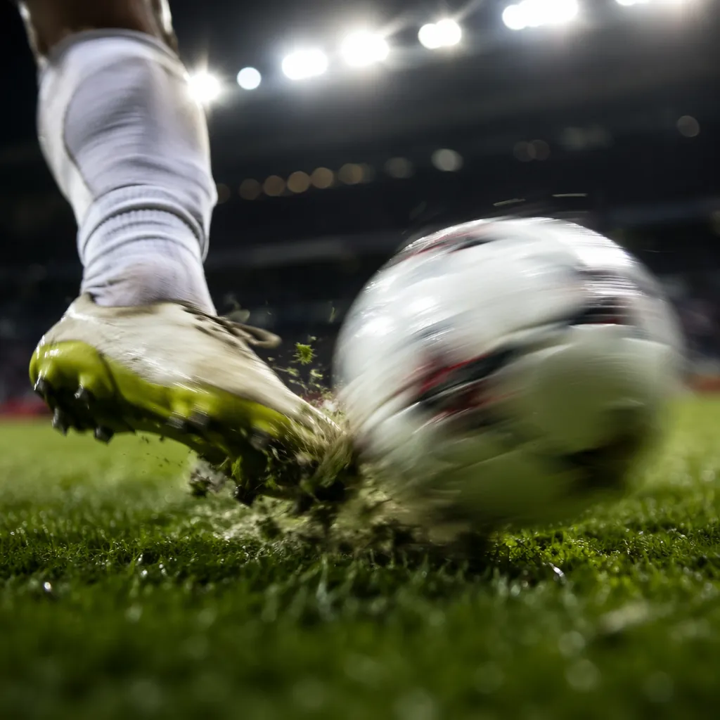 Low angle shot of a soccer player's feet striking a ball on the grass, motion bl