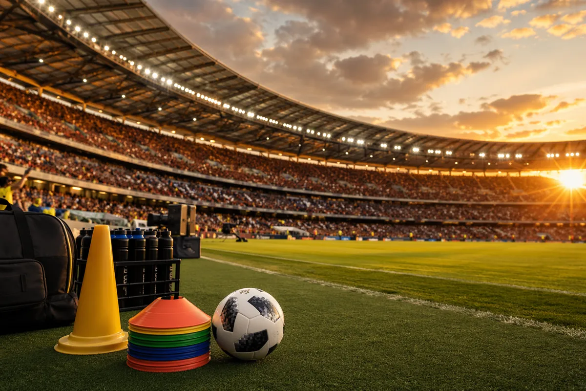 Wide shot of a professional football stadium at dusk, warm golden light, blurred crowd of