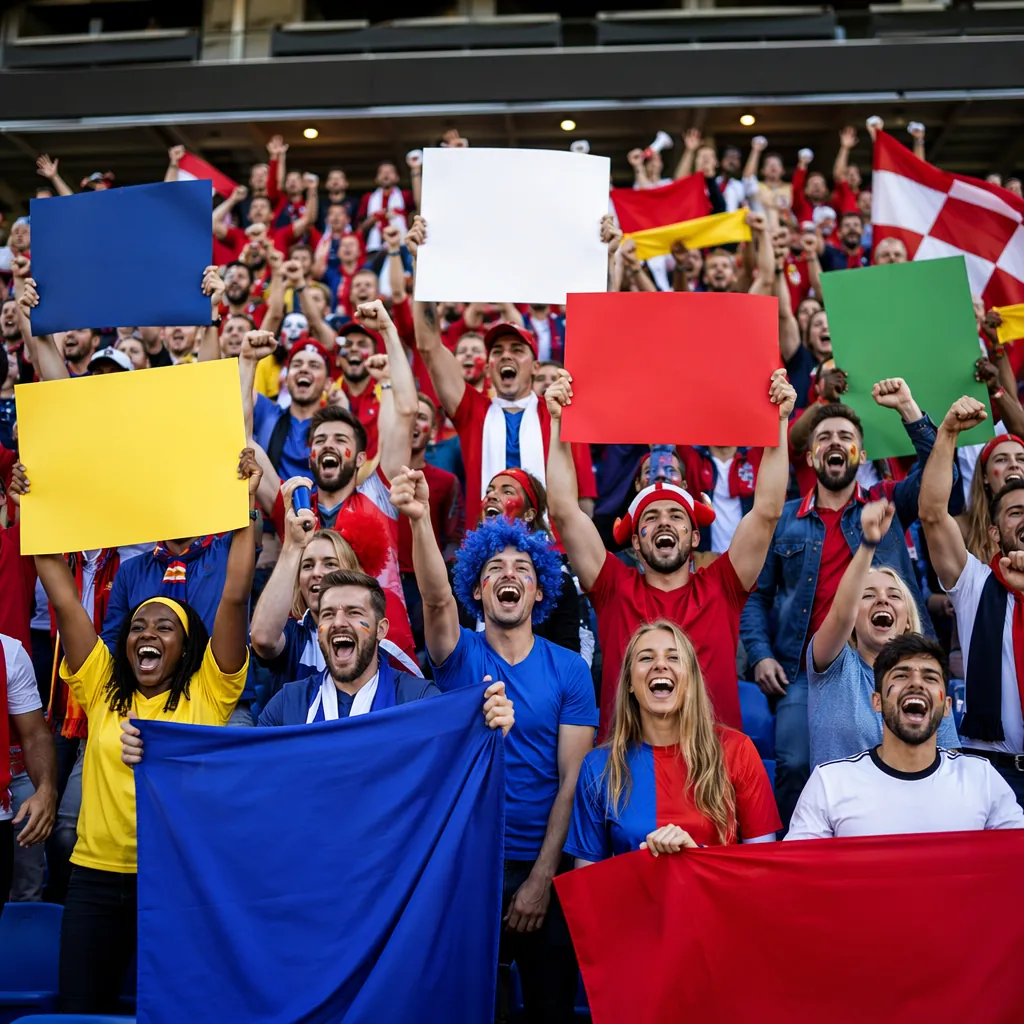 Wide shot of football fans holding up supportive signs in the stadium stands, co