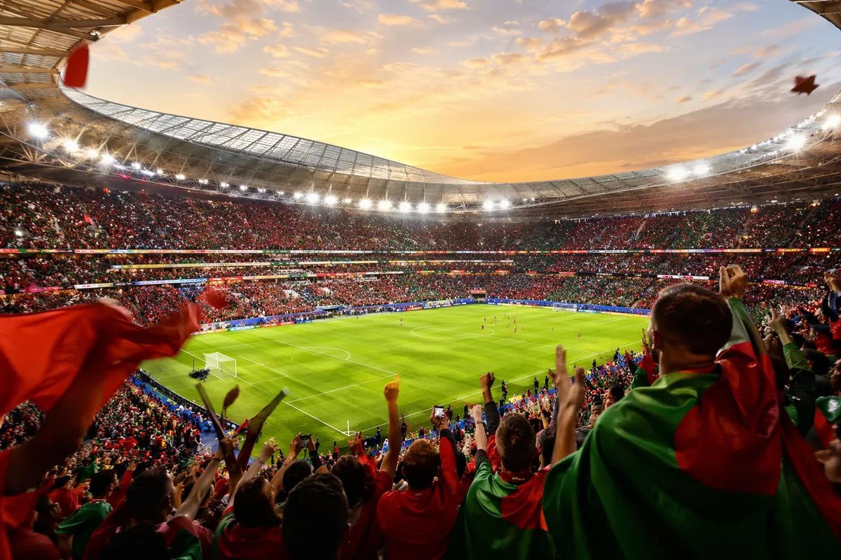 Editorial news featured image of a packed FIFA World Cup stadium at golden hour, vibrant g