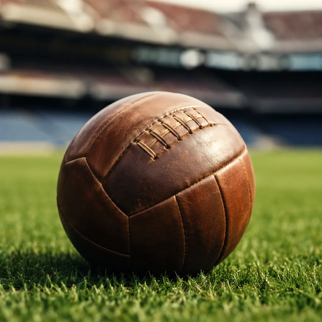 Close-up shot of a traditional leather football resting on a well-maintained gre