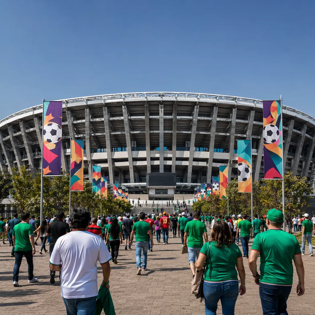 Exterior shot of renovated Azteca Stadium in Mexico City, World Cup themed flag