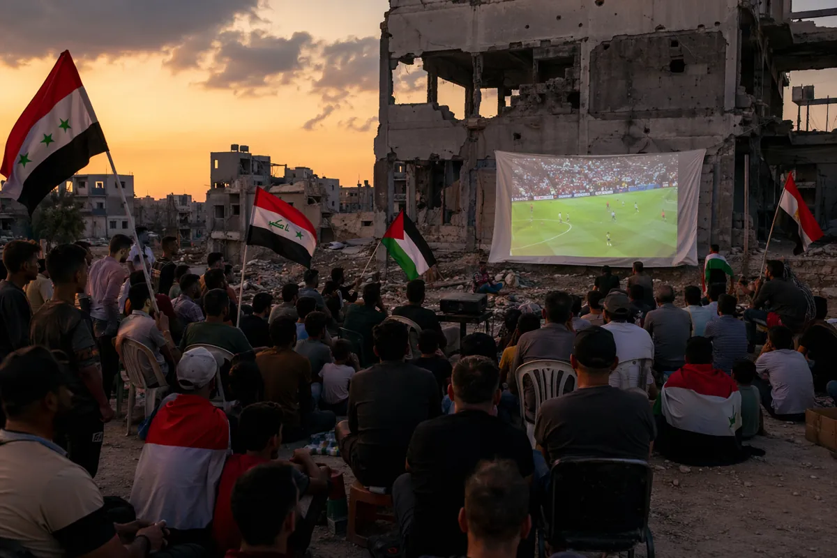 Wide shot of diverse middle eastern fans gathering beside damaged concrete building ruins