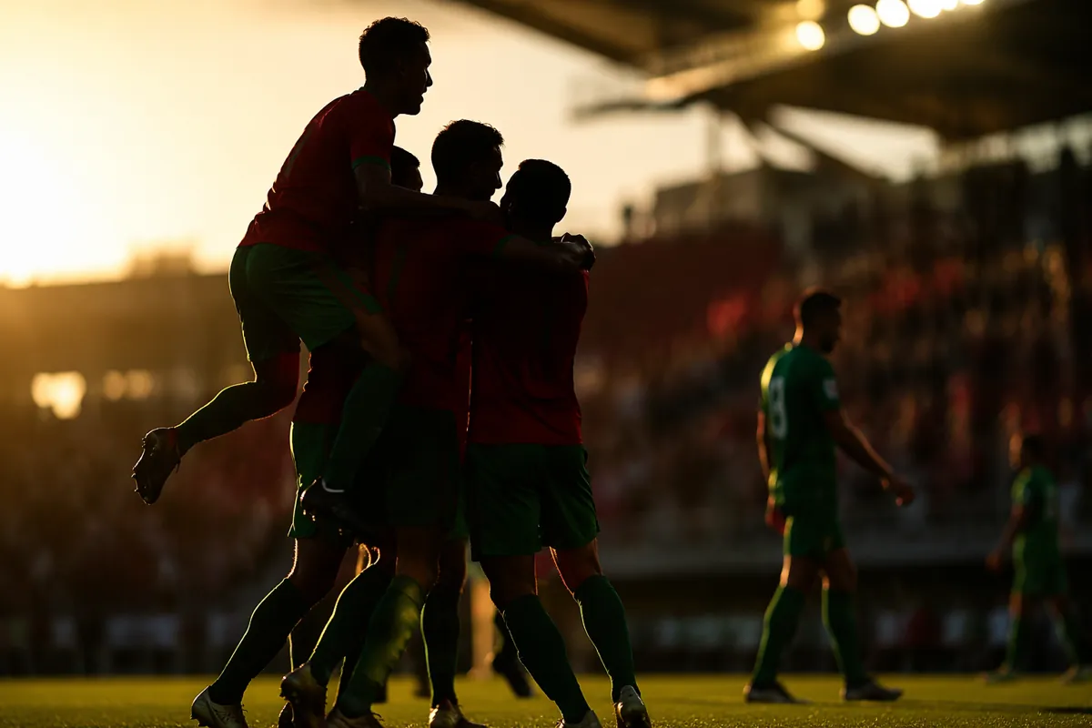 Silhouette of football players wearing red and green jerseys celebrating on a green pitch,