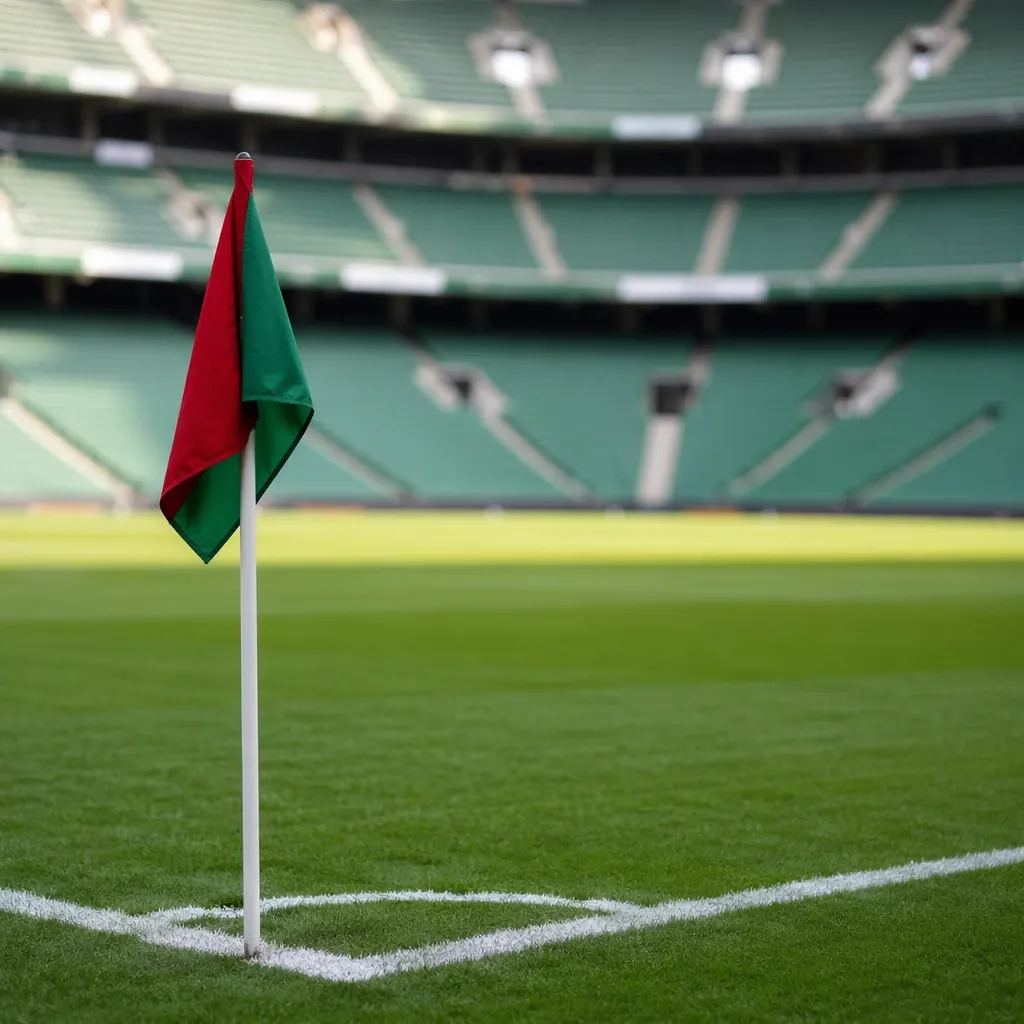 Green football pitch with a corner flag in red and green colors, empty stadium s